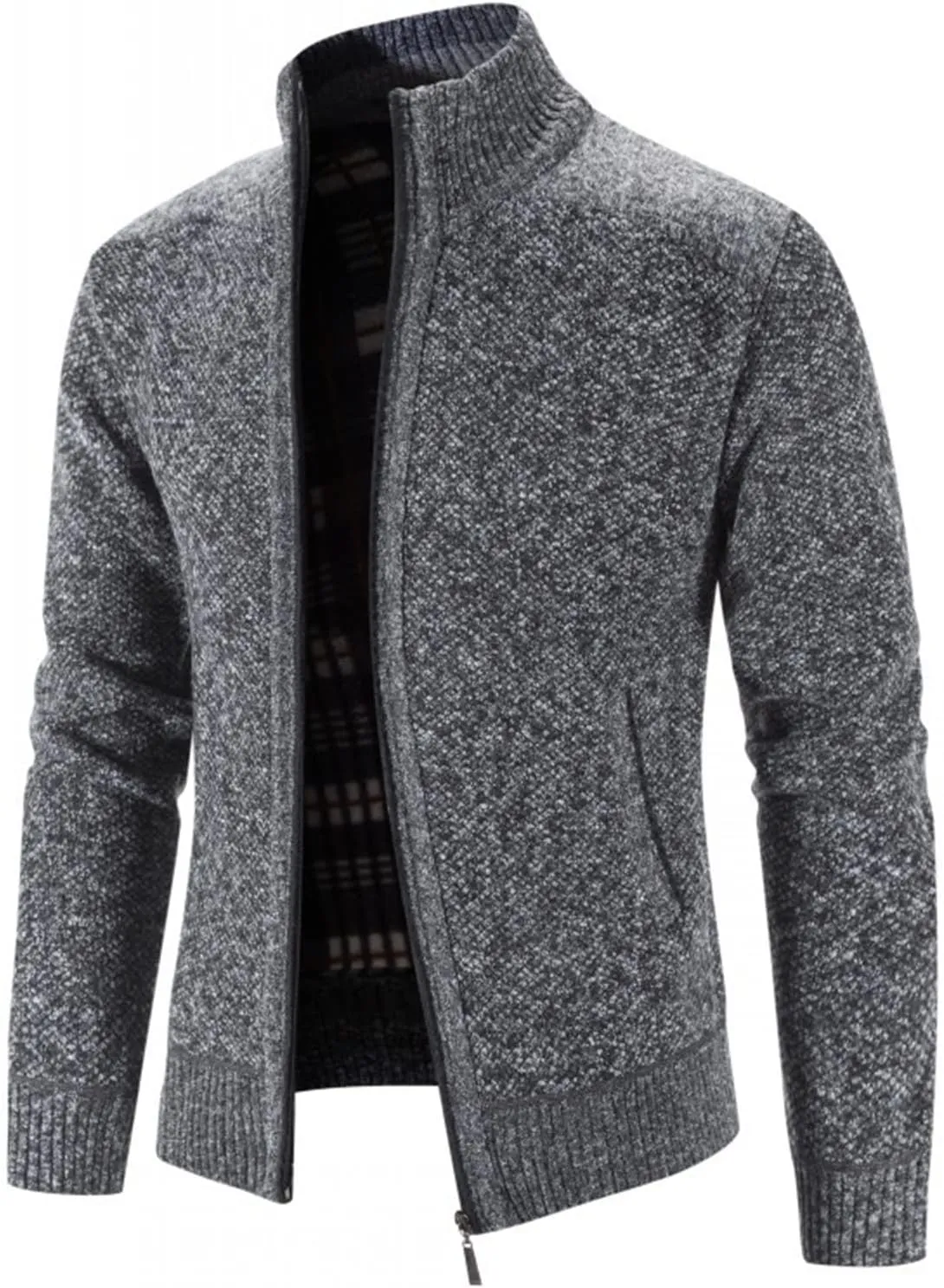 JEShifangjiusu Men'S Collar Zipper Pocket Coat Full Zip Solid Color Cable Knitted Cardigan Casual Long-Sleeved Sweater Coat