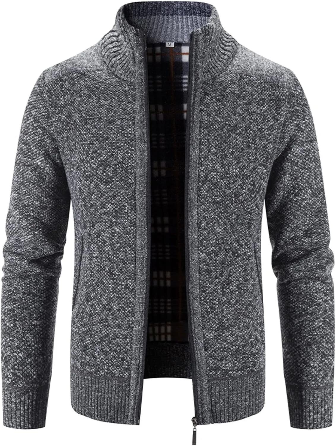 JEShifangjiusu Men'S Collar Zipper Pocket Coat Full Zip Solid Color Cable Knitted Cardigan Casual Long-Sleeved Sweater Coat