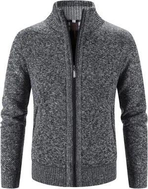 JEShifangjiusu Men'S Collar Zipper Pocket Coat Full Zip Solid Color Cable Knitted Cardigan Casual Long-Sleeved Sweater Coat