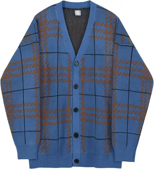 JEsilunmaMY Mens Loose Plaid Oversized Knit Cardigan Casual Button Down V Neck Sweater Soft Comfy Fall Knitwear Cardigans