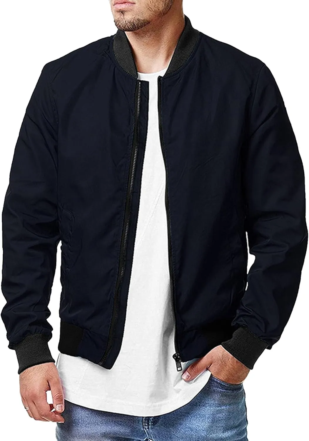 JEsilunmaMY Men's Zip Up Casual Bomber Jackets Stand Collar Lightweight Sportwear Winter Warm Padded Coats Windbreaker