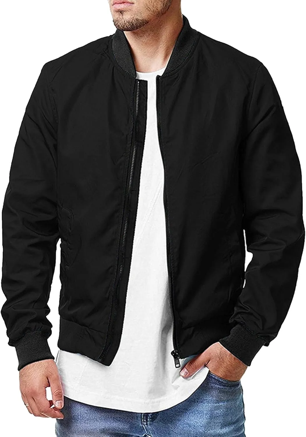 JEsilunmaMY Men's Zip Up Casual Bomber Jackets Stand Collar Lightweight Sportwear Winter Warm Padded Coats Windbreaker