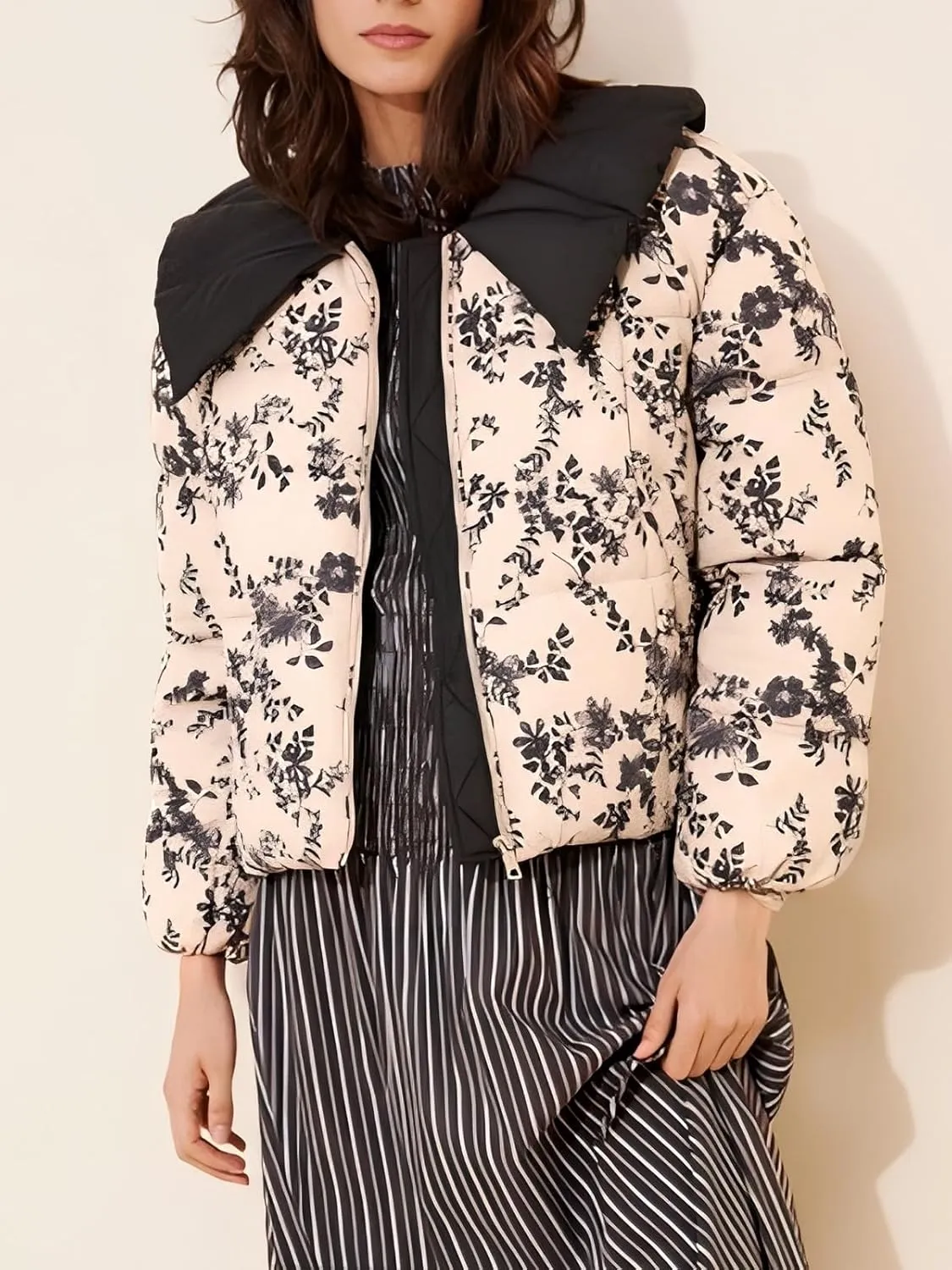 KEOMUD Women's Winter Peter Pan Collar Printed Puffer Coat,Casual Warm Windproof Quilted Jacket for Outdoor
