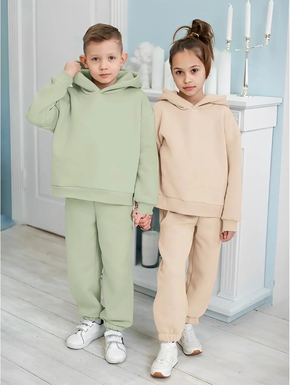 Kids 2 Piece Outfits Boys Girls Long Sleeve Solid Pullover Hooded Sweatshirt Set Sweatsuits and Jogger Sweatpants