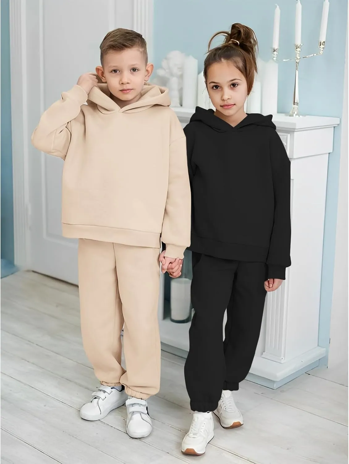 Kids 2 Piece Outfits Boys Girls Long Sleeve Solid Pullover Hooded Sweatshirt Set Sweatsuits and Jogger Sweatpants