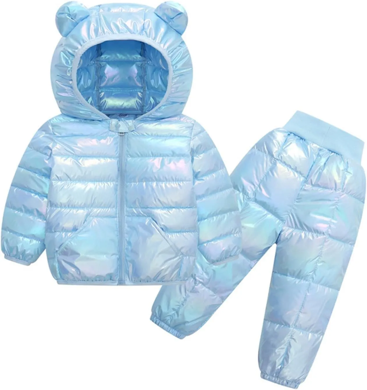 Kids Two Piece Winter Suit Baby Toddler Boy Girl Down Puffer Jackets Bear Hoods Down Coat and Pants Warm (D, 4-5 Years)