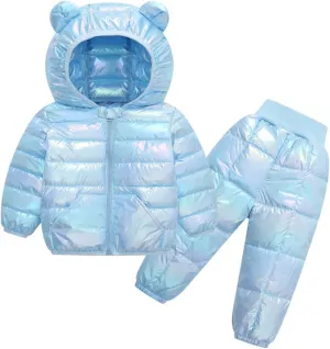Kids Two Piece Winter Suit Baby Toddler Boy Girl Down Puffer Jackets Bear Hoods Down Coat and Pants Warm (D, 4-5 Years)