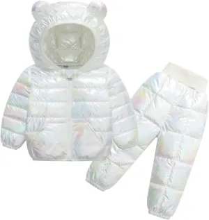 Kids Two Piece Winter Suit Baby Toddler Boy Girl Down Puffer Jackets Bear Hoods Down Coat and Pants (White, 6-7 Years)