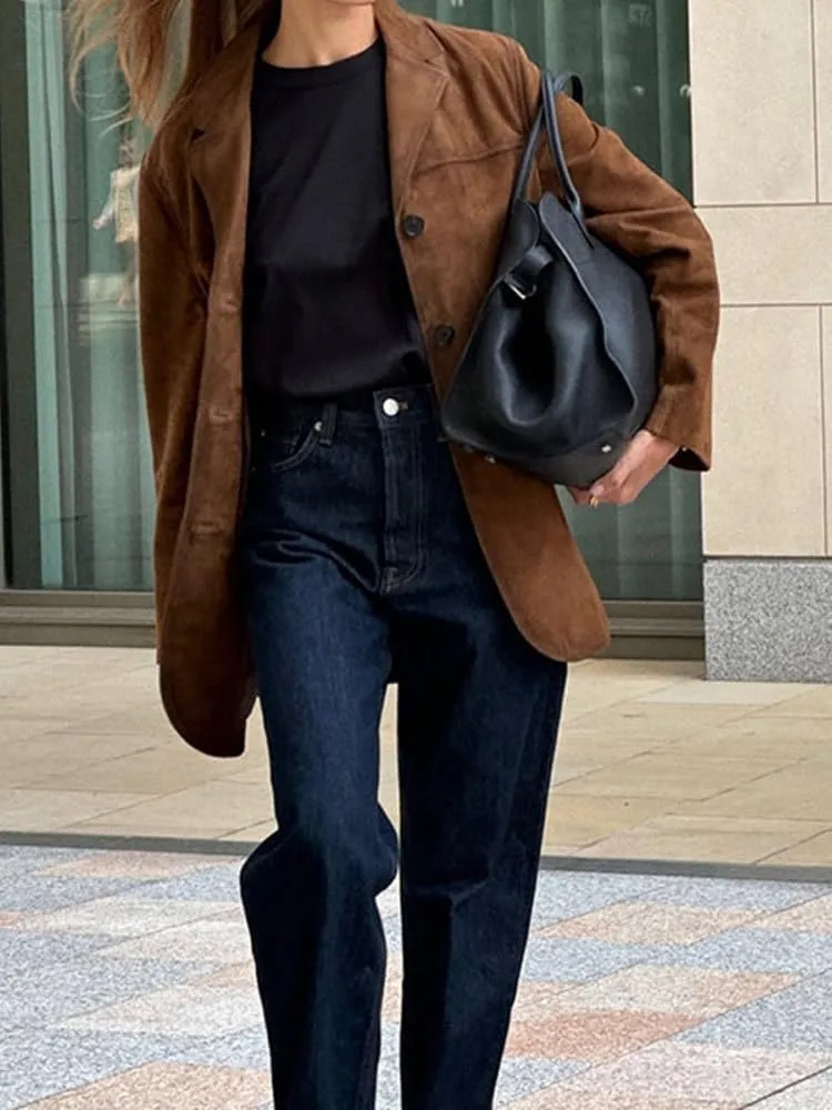Kinghua Womens Oversized Suede Jacket Casual Winter Fall Outfits Coats Faux Leather Blazer Jackets