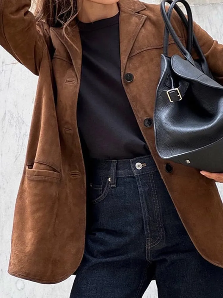 Kinghua Womens Oversized Suede Jacket Casual Winter Fall Outfits Coats Faux Leather Blazer Jackets