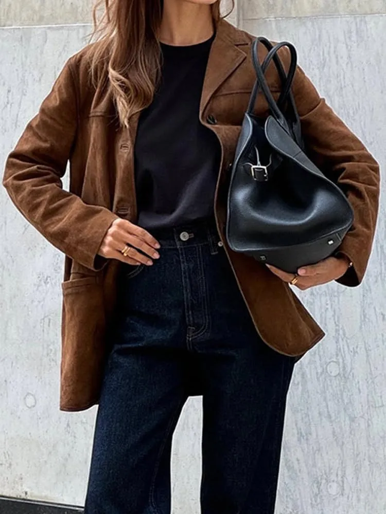 Kinghua Womens Oversized Suede Jacket Casual Winter Fall Outfits Coats Faux Leather Blazer Jackets