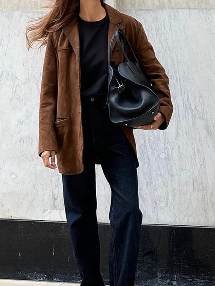 Kinghua Womens Oversized Suede Jacket Casual Winter Fall Outfits Coats Faux Leather Blazer Jackets