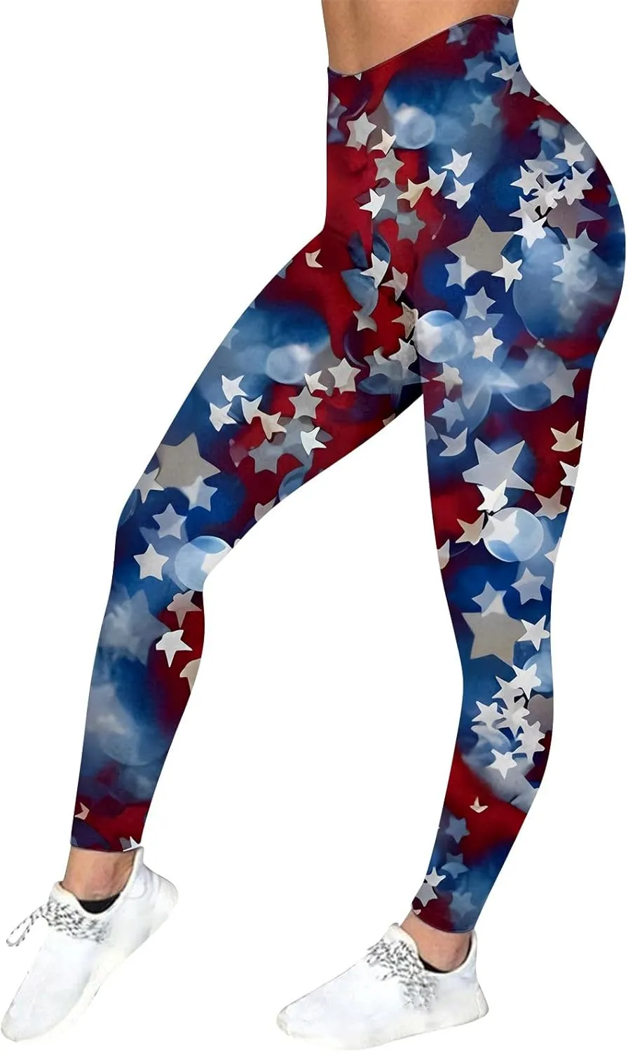 LCMTWX Women's High Waisted Yoga Capris Women Fourth of July American Flag Patterned Compression Tights Women USA Flag