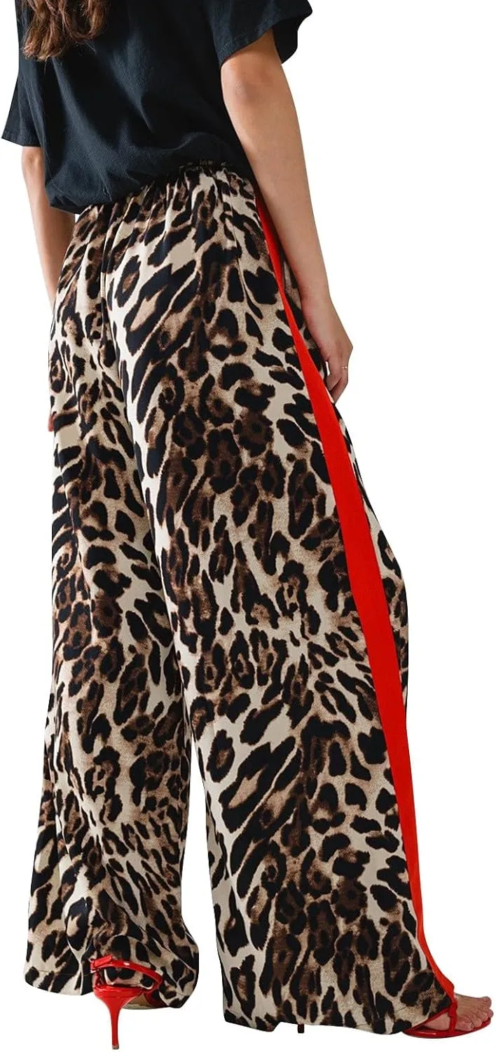 Leopard Print Pants for Women Cheetah Printed Side Striped Color Block Straight Leg Wide Leg Pant Drawstring Trousers