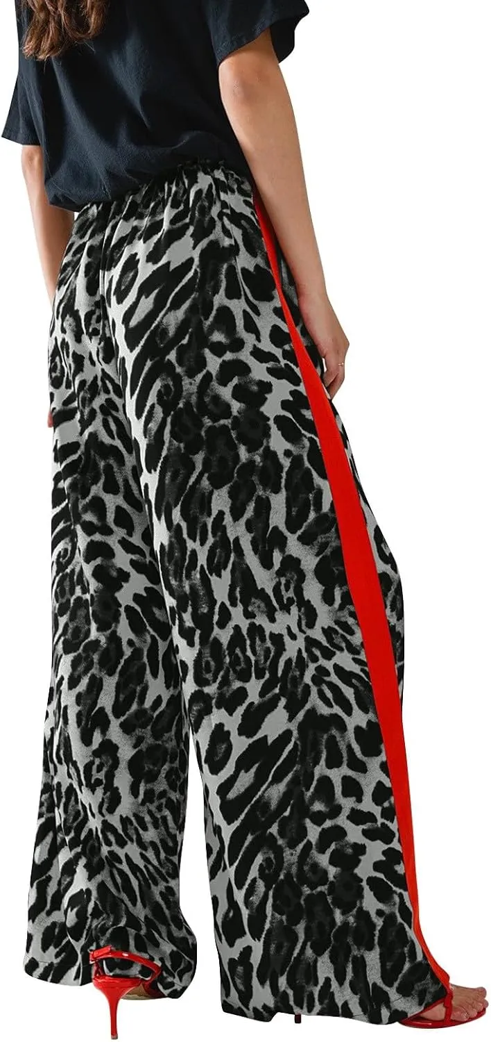 Leopard Print Pants for Women Cheetah Printed Side Striped Color Block Straight Leg Wide Leg Pant Drawstring Trousers