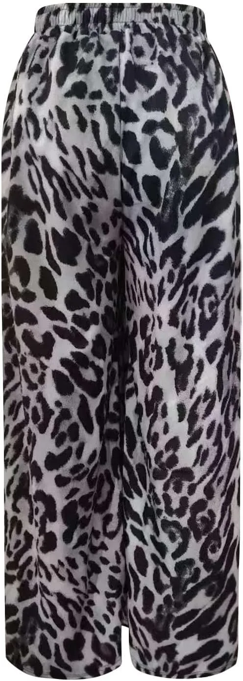 Leopard Print Pants for Women Cheetah Printed Side Striped Color Block Straight Leg Wide Leg Pant Drawstring Trousers