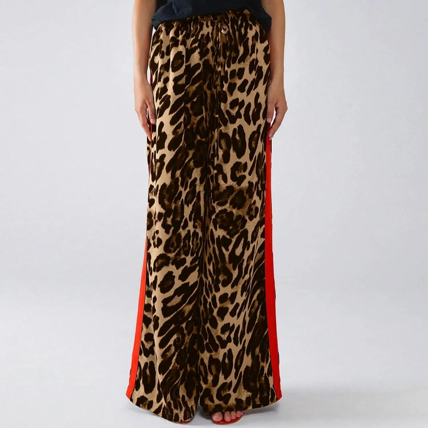 Leopard Print Pants for Women Cheetah Printed Side Striped Color Block Straight Leg Wide Leg Pant Drawstring Trousers