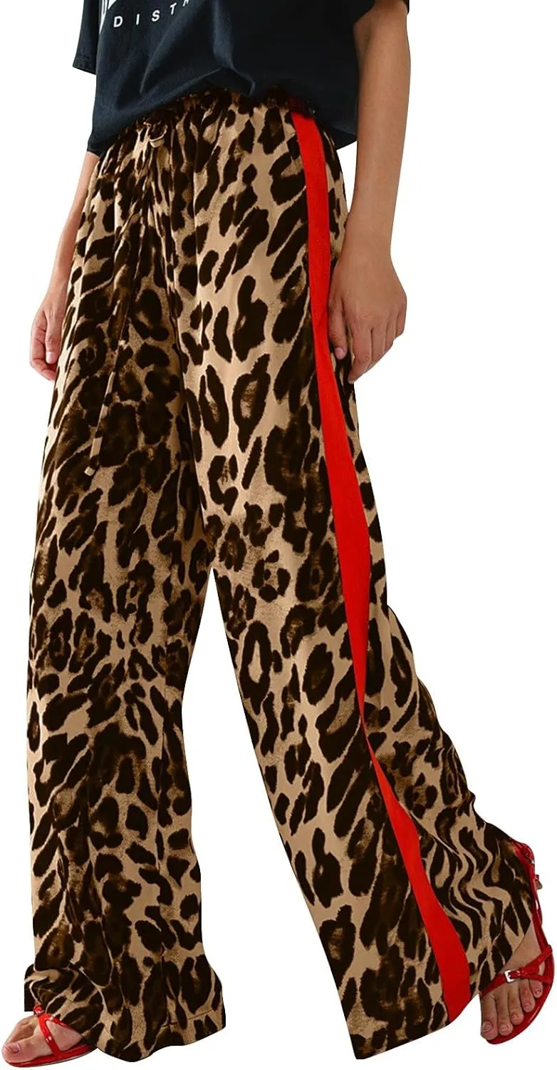 Leopard Print Pants for Women Cheetah Printed Side Striped Color Block Straight Leg Wide Leg Pant Drawstring Trousers