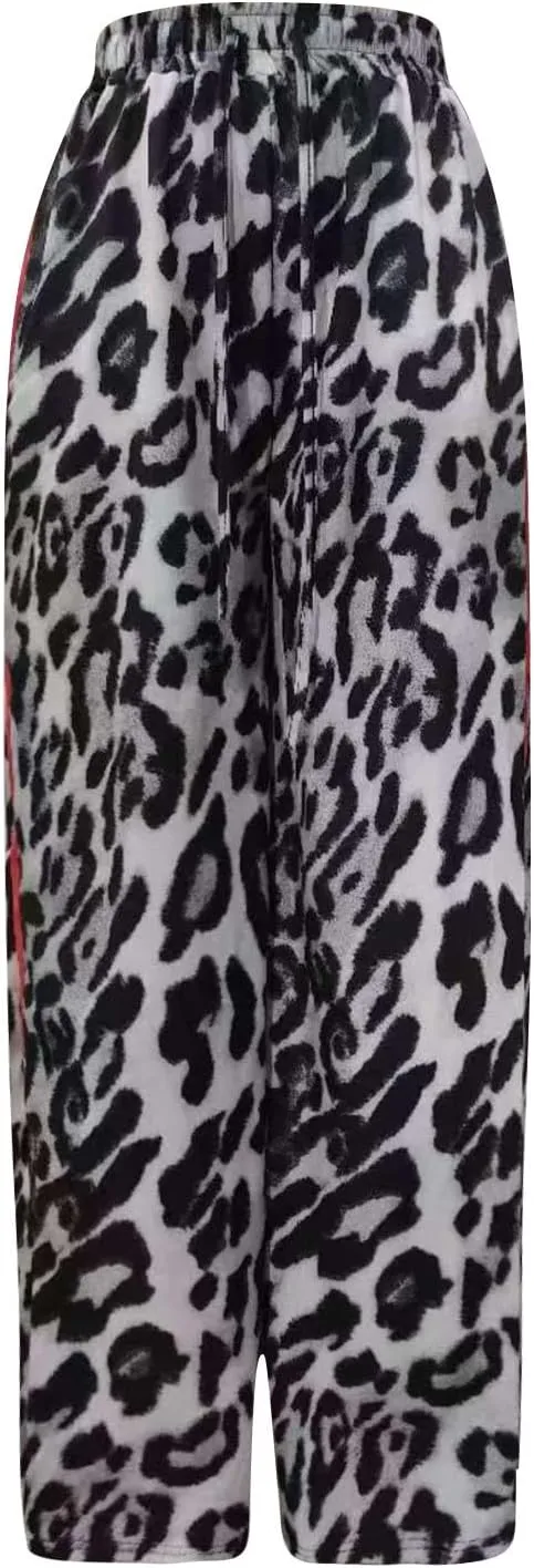Leopard Print Pants for Women Cheetah Printed Side Striped Color Block Straight Leg Wide Leg Pant Drawstring Trousers