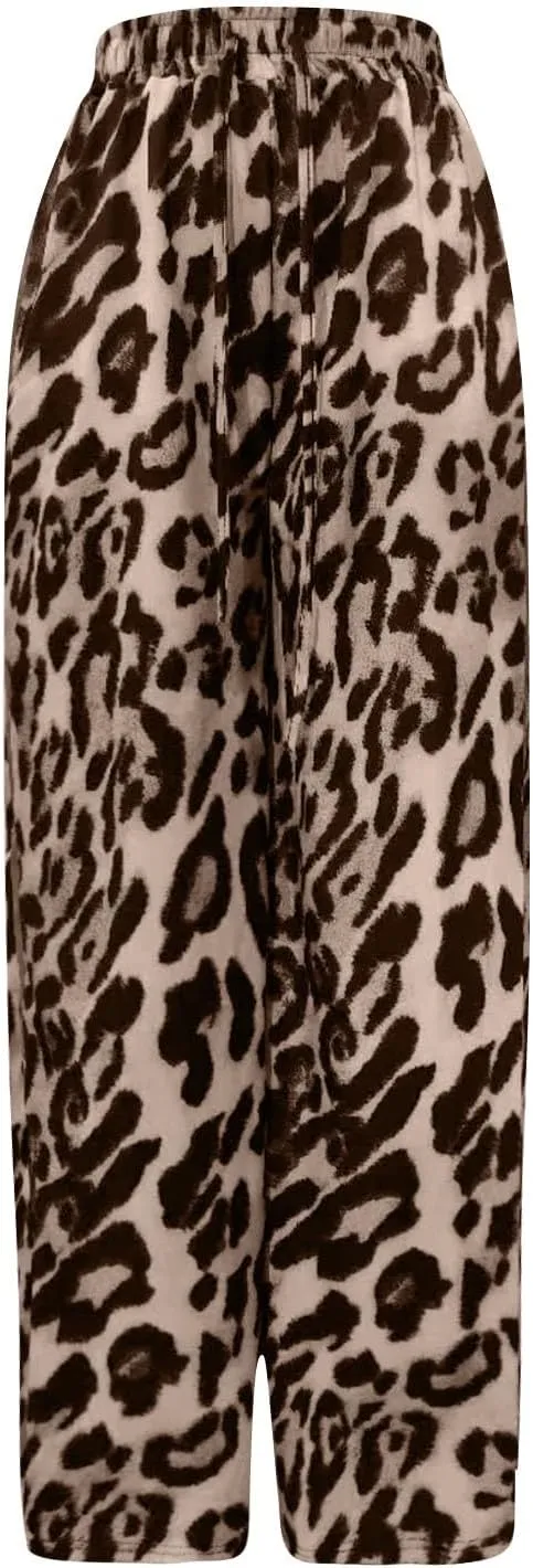 Leopard Print Pants for Women Cheetah Printed Side Striped Color Block Straight Leg Wide Leg Pant Drawstring Trousers
