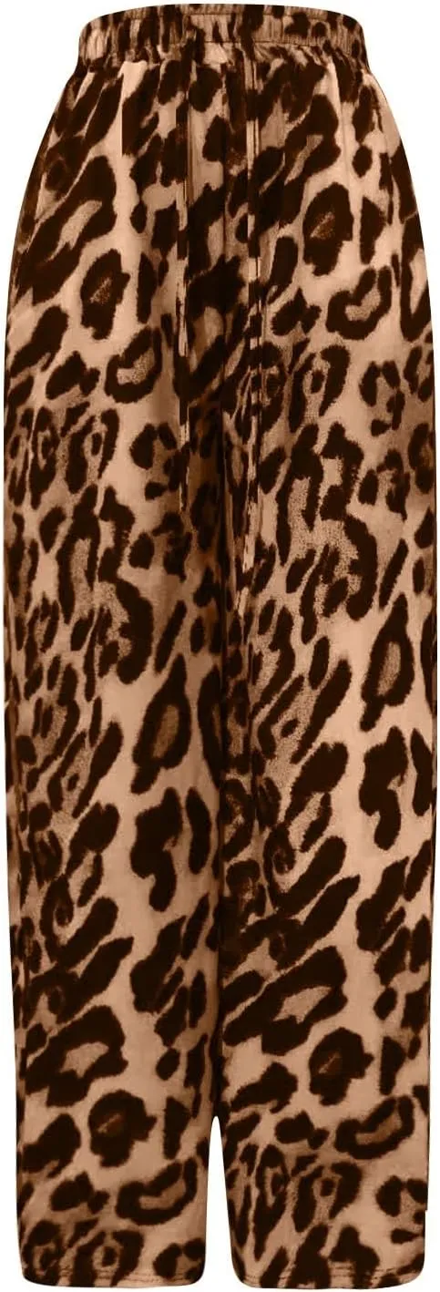 Leopard Print Pants for Women Cheetah Printed Side Striped Color Block Straight Leg Wide Leg Pant Drawstring Trousers