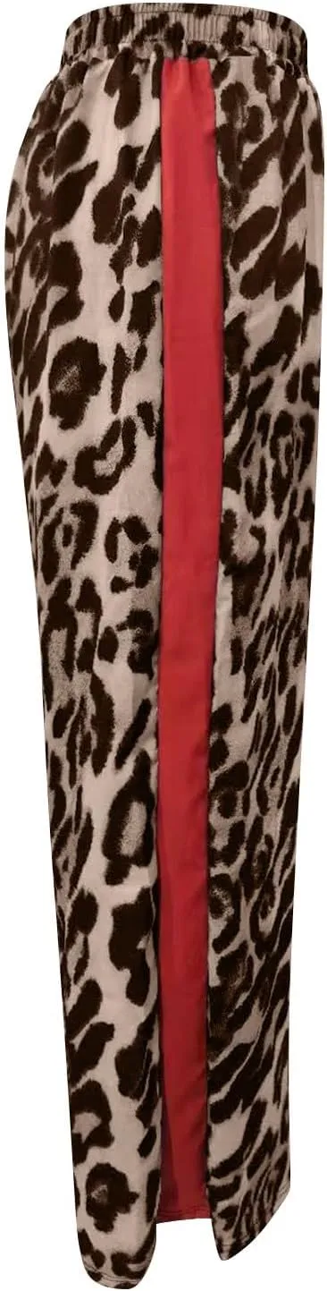 Leopard Print Pants for Women Cheetah Printed Side Striped Color Block Straight Leg Wide Leg Pant Drawstring Trousers