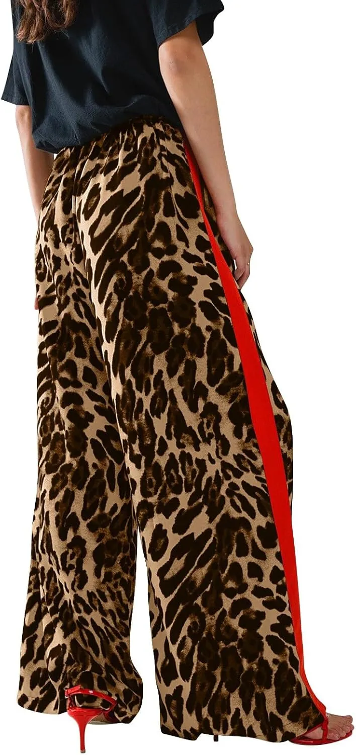Leopard Print Pants for Women Cheetah Printed Side Striped Color Block Straight Leg Wide Leg Pant Drawstring Trousers