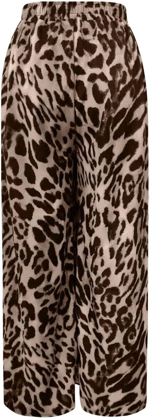 Leopard Print Pants for Women Cheetah Printed Side Striped Color Block Straight Leg Wide Leg Pant Drawstring Trousers