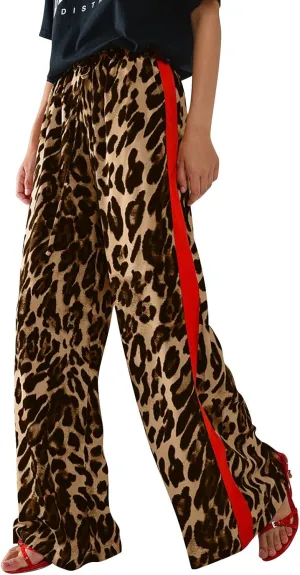 Leopard Print Pants for Women Cheetah Printed Side Striped Color Block Straight Leg Wide Leg Pant Drawstring Trousers