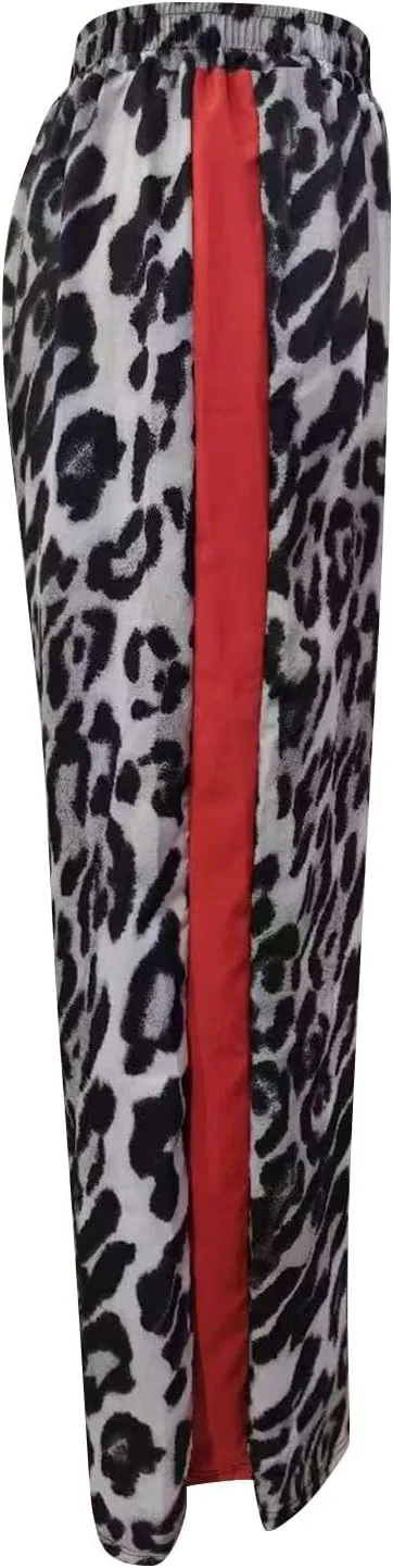 Leopard Print Pants for Women Cheetah Printed Side Striped Color Block Straight Leg Wide Leg Pant Drawstring Trousers