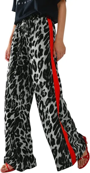 Leopard Print Pants for Women Cheetah Printed Side Striped Color Block Straight Leg Wide Leg Pant Drawstring Trousers