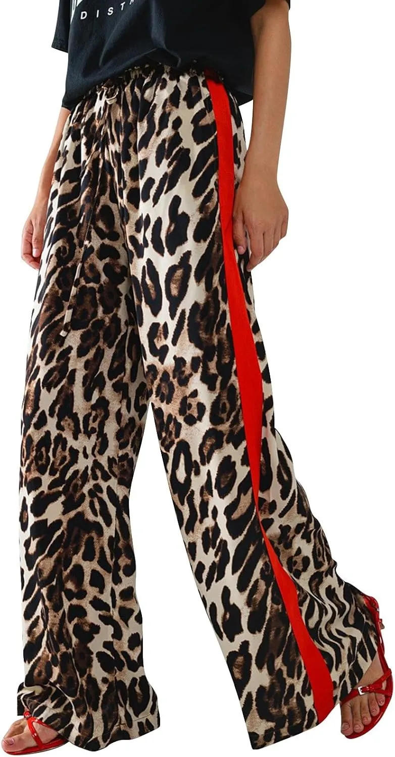 Leopard Print Pants for Women Cheetah Printed Side Striped Color Block Straight Leg Wide Leg Pant Drawstring Trousers