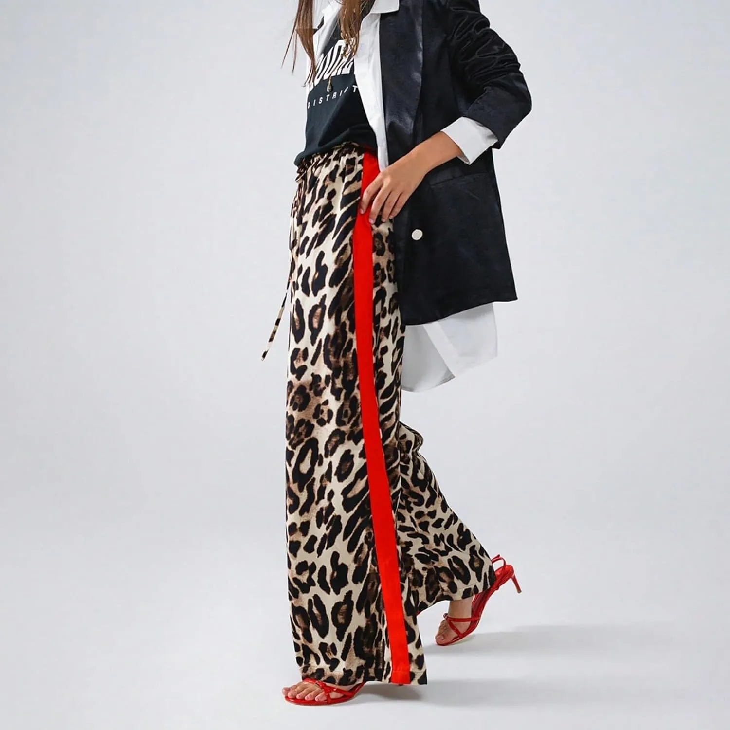 Leopard Print Pants for Women Cheetah Printed Side Striped Color Block Straight Leg Wide Leg Pant Drawstring Trousers