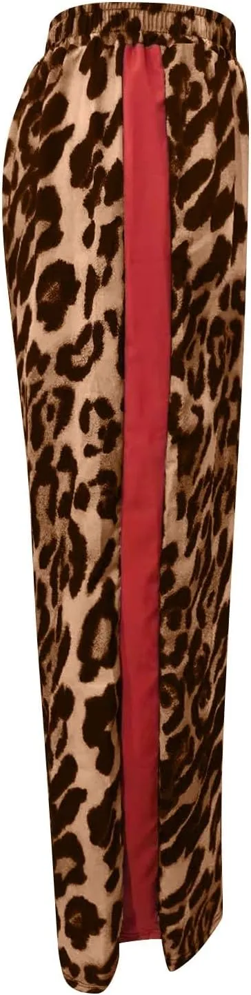 Leopard Print Pants for Women Cheetah Printed Side Striped Color Block Straight Leg Wide Leg Pant Drawstring Trousers