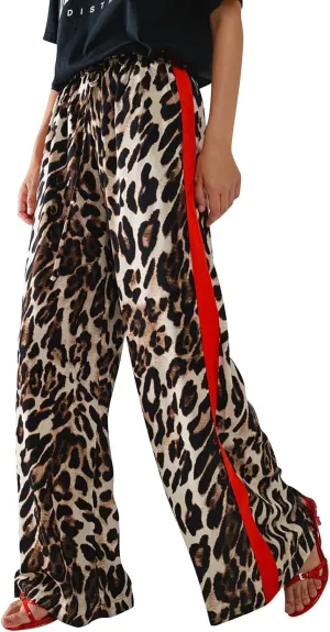 Leopard Print Pants for Women Cheetah Printed Side Striped Color Block Straight Leg Wide Leg Pant Drawstring Trousers