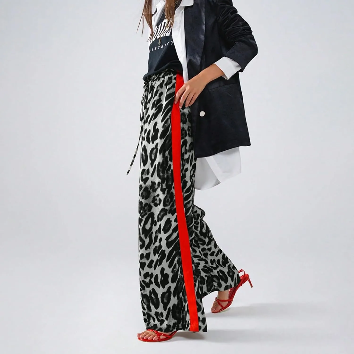 Leopard Print Pants for Women Cheetah Printed Side Striped Color Block Straight Leg Wide Leg Pant Drawstring Trousers