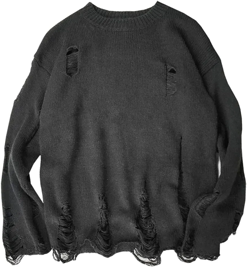LifeHe Men's Ripped Sweater Pullover Oversized Distressed Knit Jumpers Tops