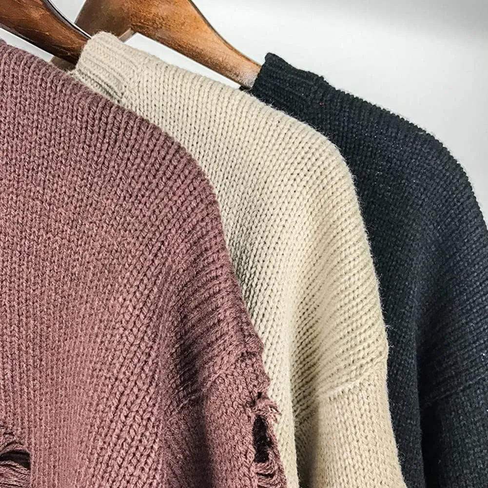 LifeHe Men's Ripped Sweater Pullover Oversized Distressed Knit Jumpers Tops