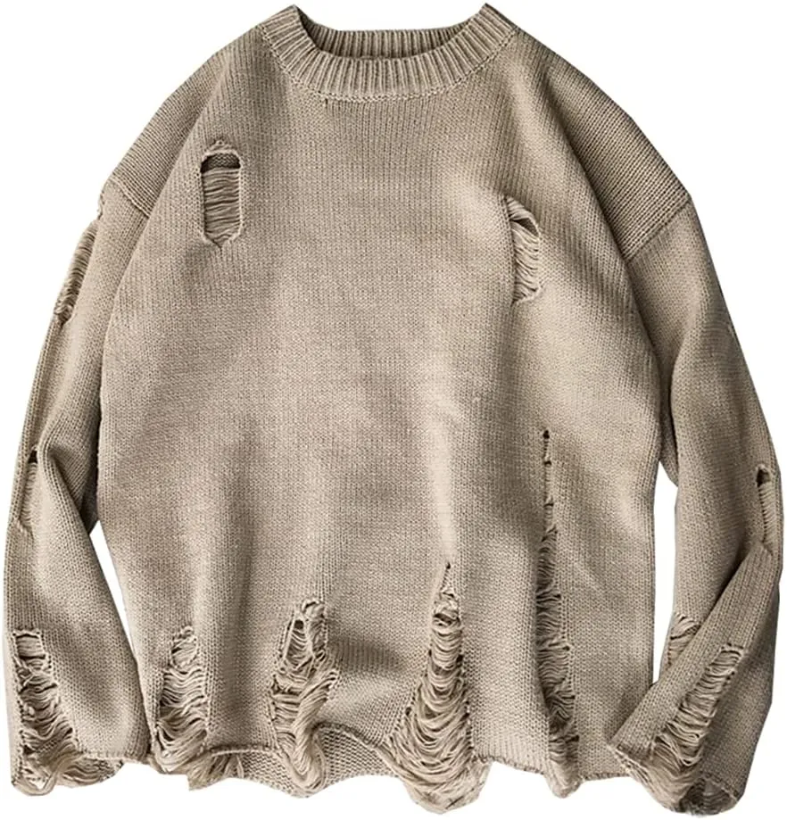 LifeHe Men's Ripped Sweater Pullover Oversized Distressed Knit Jumpers Tops