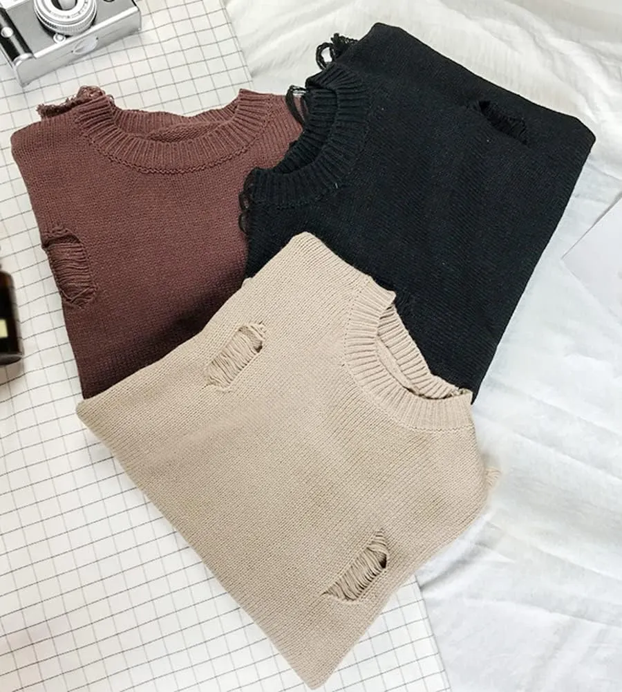 LifeHe Men's Ripped Sweater Pullover Oversized Distressed Knit Jumpers Tops