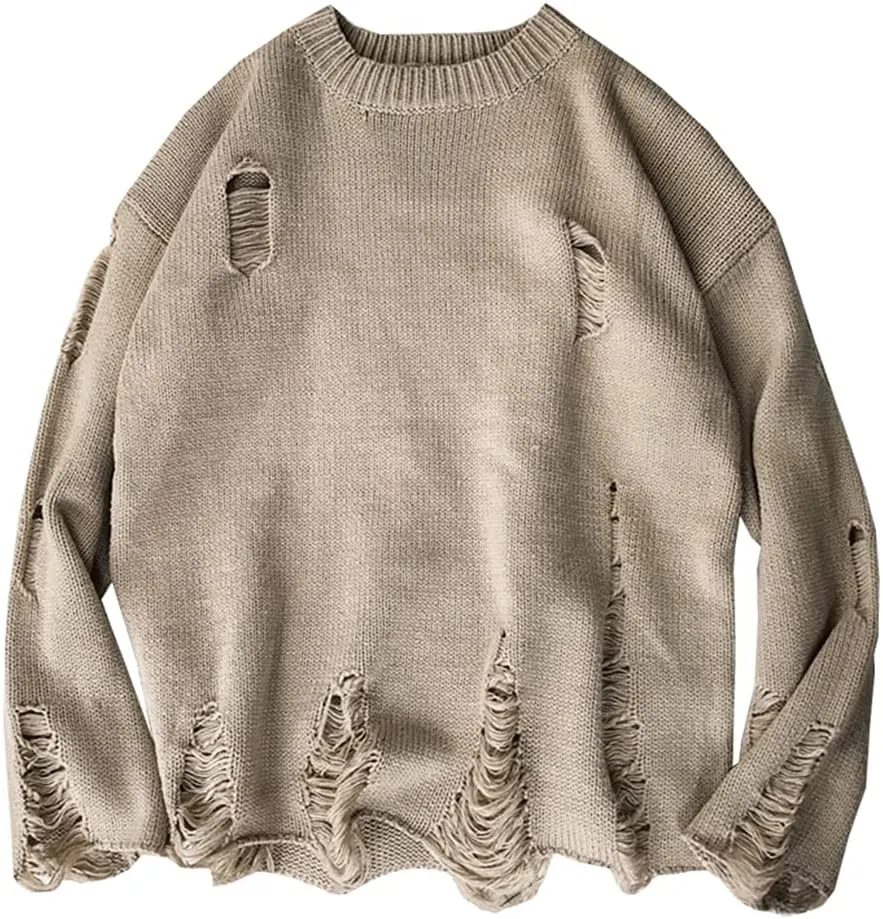 LifeHe Men's Ripped Sweater Pullover Oversized Distressed Knit Jumpers Tops