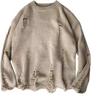 LifeHe Men's Ripped Sweater Pullover Oversized Distressed Knit Jumpers Tops