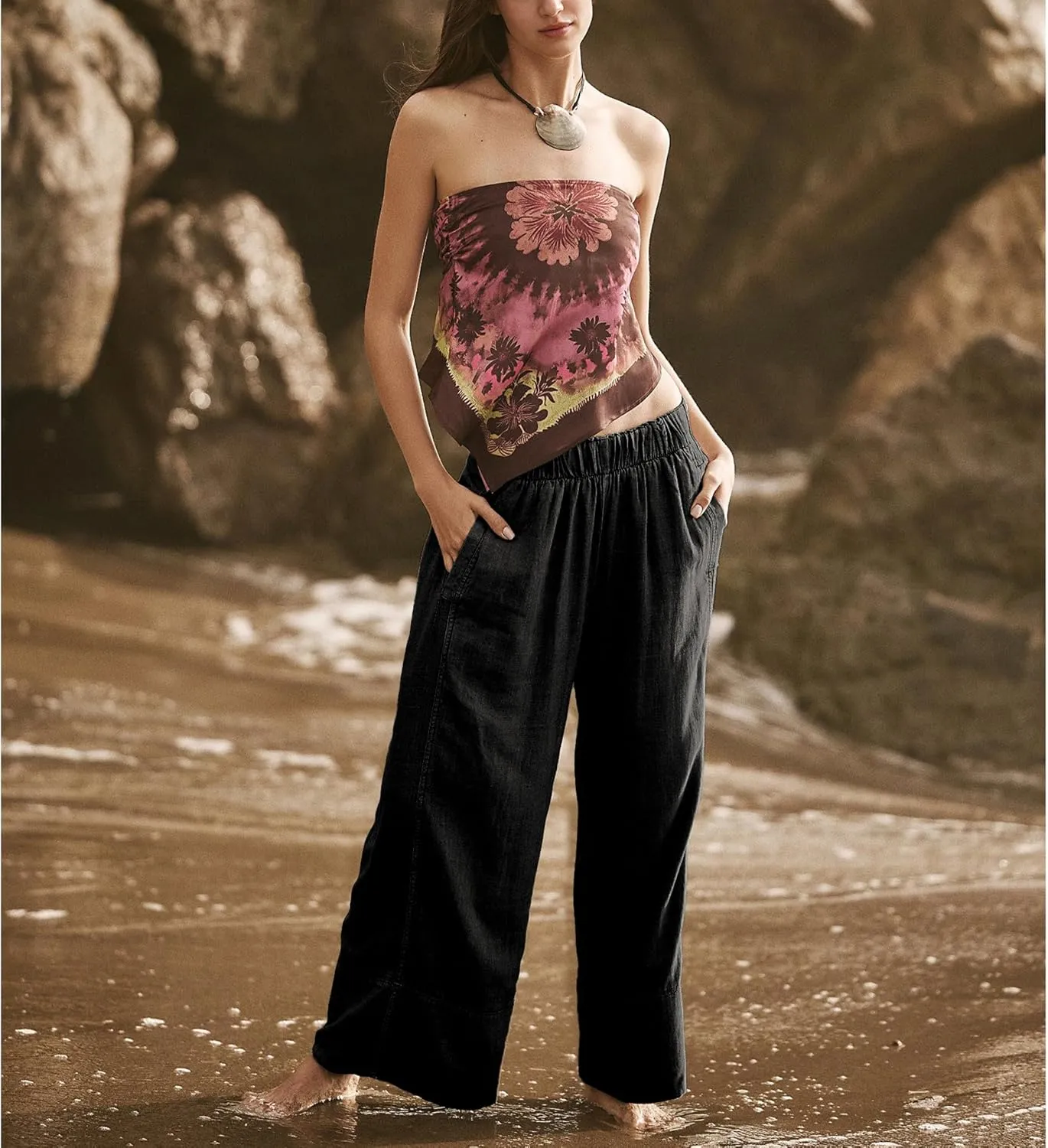 Linen Pants for Women Cotton Baggy Boho Casual Palazzo Pants Wide Leg Long Lounge Trousers with Pockets