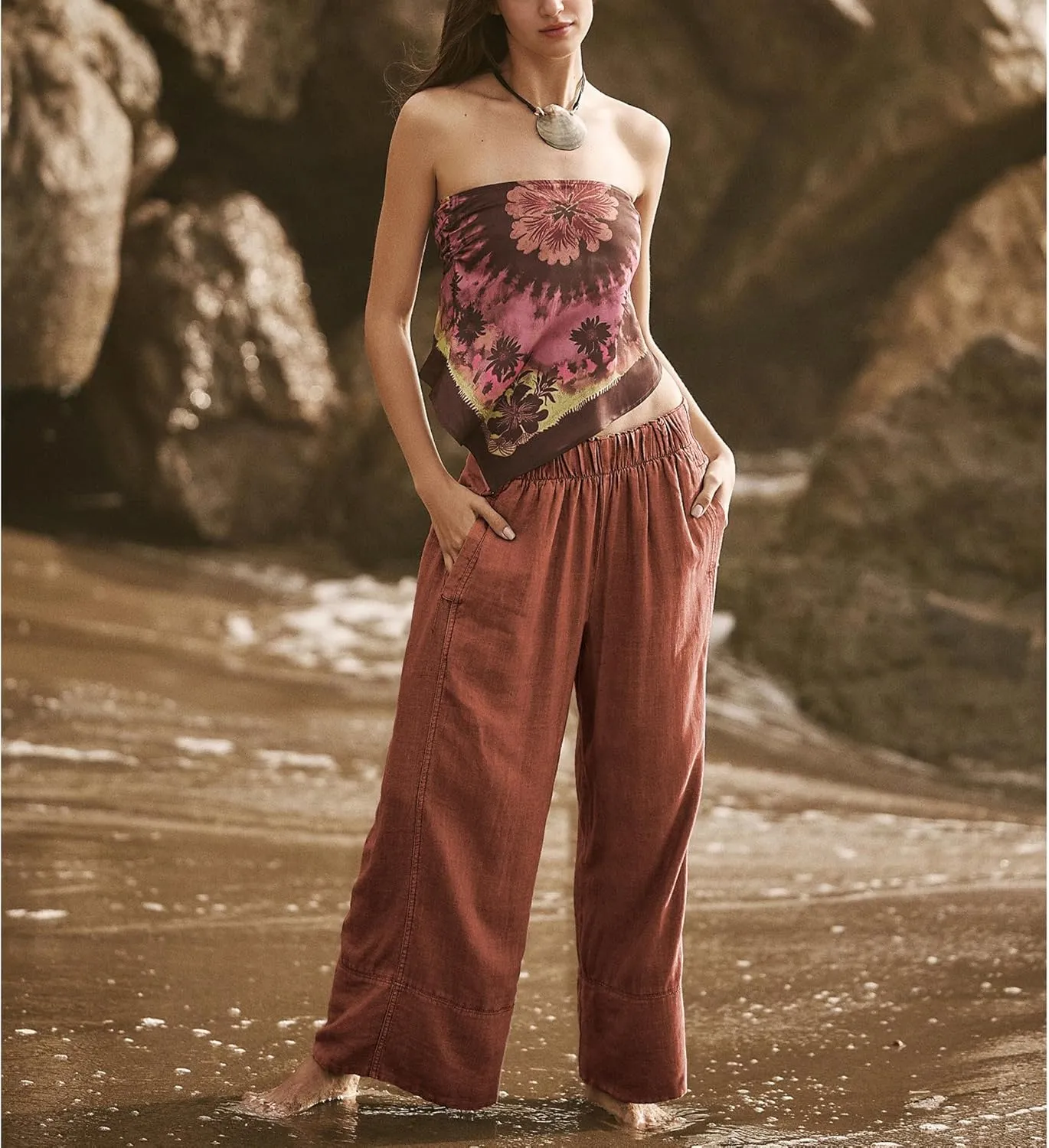 Linen Pants for Women Cotton Baggy Boho Casual Palazzo Pants Wide Leg Long Lounge Trousers with Pockets