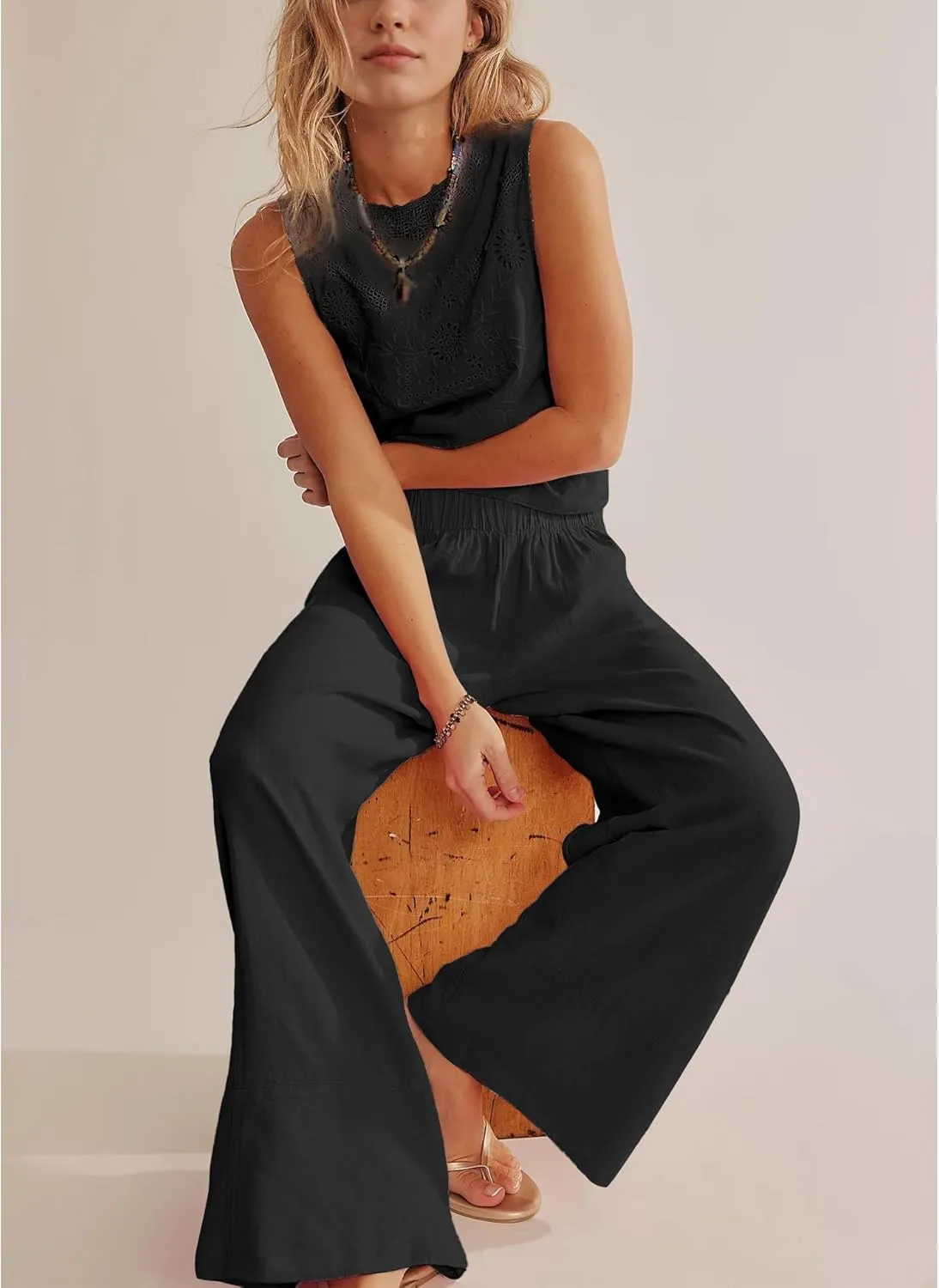 Linen Pants for Women Cotton Baggy Boho Casual Palazzo Pants Wide Leg Long Lounge Trousers with Pockets