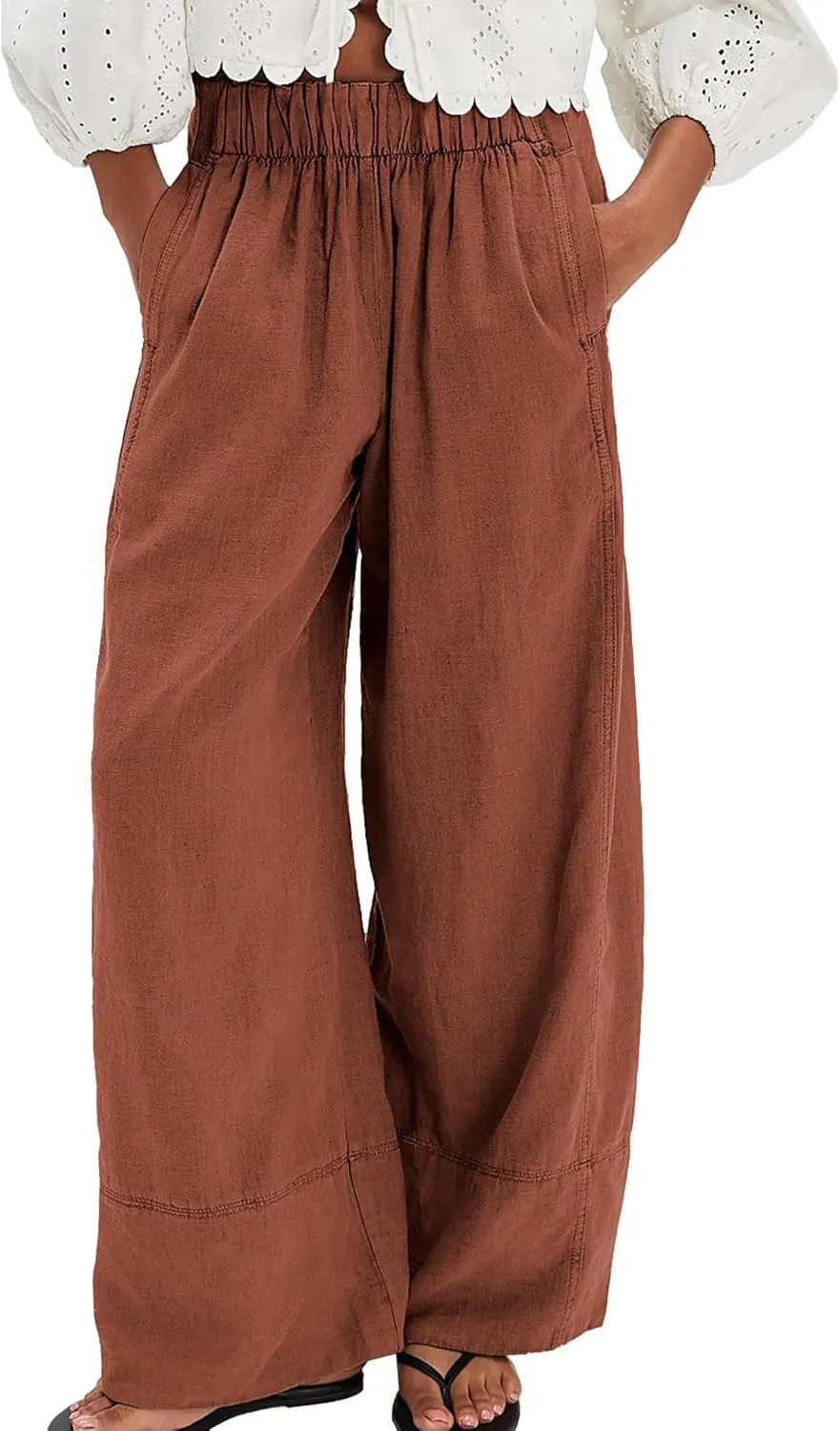 Linen Pants for Women Cotton Baggy Boho Casual Palazzo Pants Wide Leg Long Lounge Trousers with Pockets