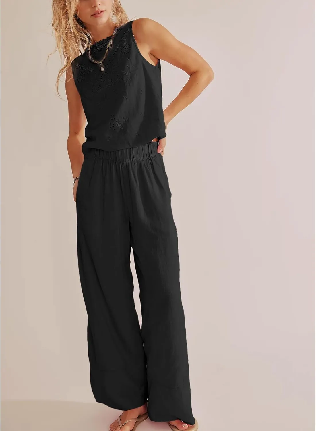 Linen Pants for Women Cotton Baggy Boho Casual Palazzo Pants Wide Leg Long Lounge Trousers with Pockets