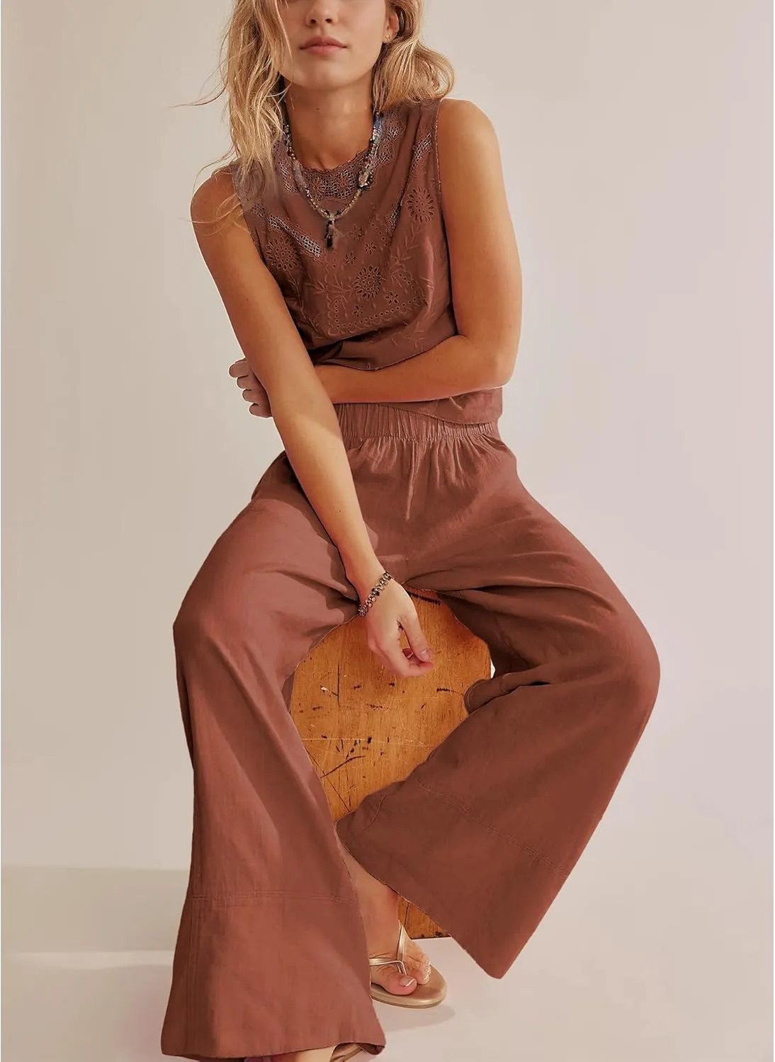 Linen Pants for Women Cotton Baggy Boho Casual Palazzo Pants Wide Leg Long Lounge Trousers with Pockets