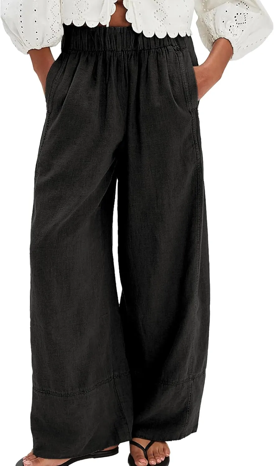 Linen Pants for Women Cotton Baggy Boho Casual Palazzo Pants Wide Leg Long Lounge Trousers with Pockets