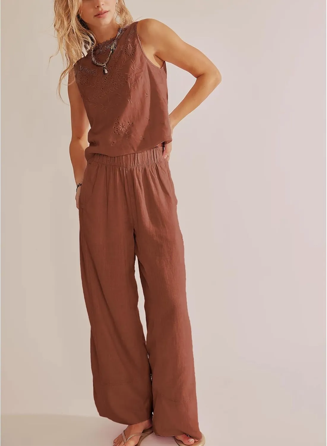 Linen Pants for Women Cotton Baggy Boho Casual Palazzo Pants Wide Leg Long Lounge Trousers with Pockets